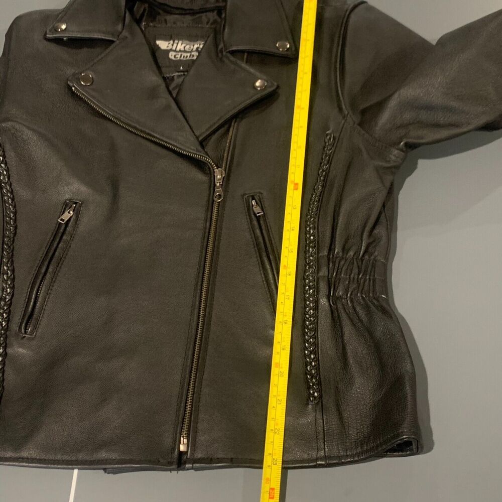 Black Genuine Leather Asymmetrical Zip Moto Jacket Braided Detail Womens Large - Picture 6 of 13